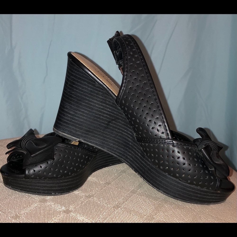Black Wedge Stack Heel Open Toe Sandal, Size 6.5